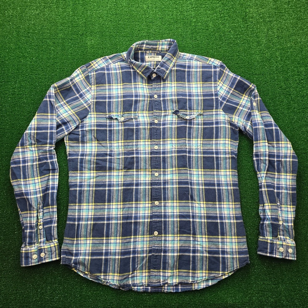 Express Roll Tab Shirt Mens Large Blue Plaid Button Up Linen-Cotton Blend